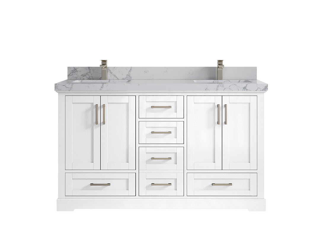 Boston 60 in. W x 22 in. D Double Sink Bathroom Vanity in White with 2 in Venatino Quartz Countertop