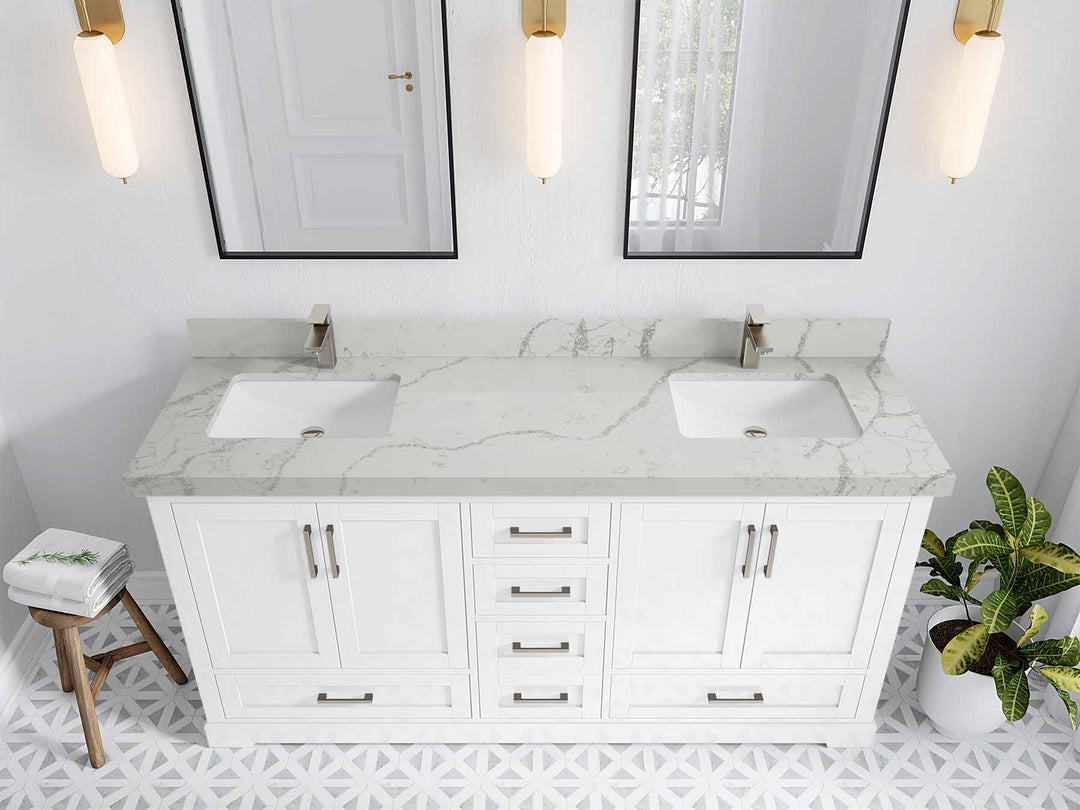 Boston 72 in. W x 22 in. D Double Sink Bathroom Vanity in White with 2 in Venatino Quartz Countertop - Top View