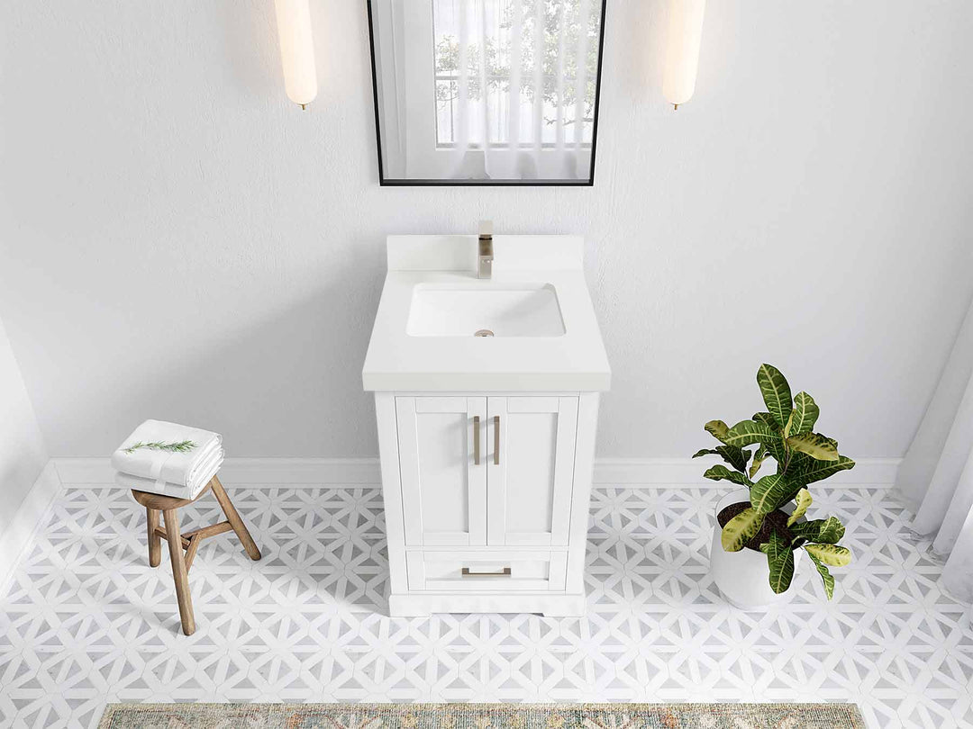 Boston 24 in. W x 22 in. D Single Sink Bathroom Vanity in White with 2 in White Quartz Countertop - Top View