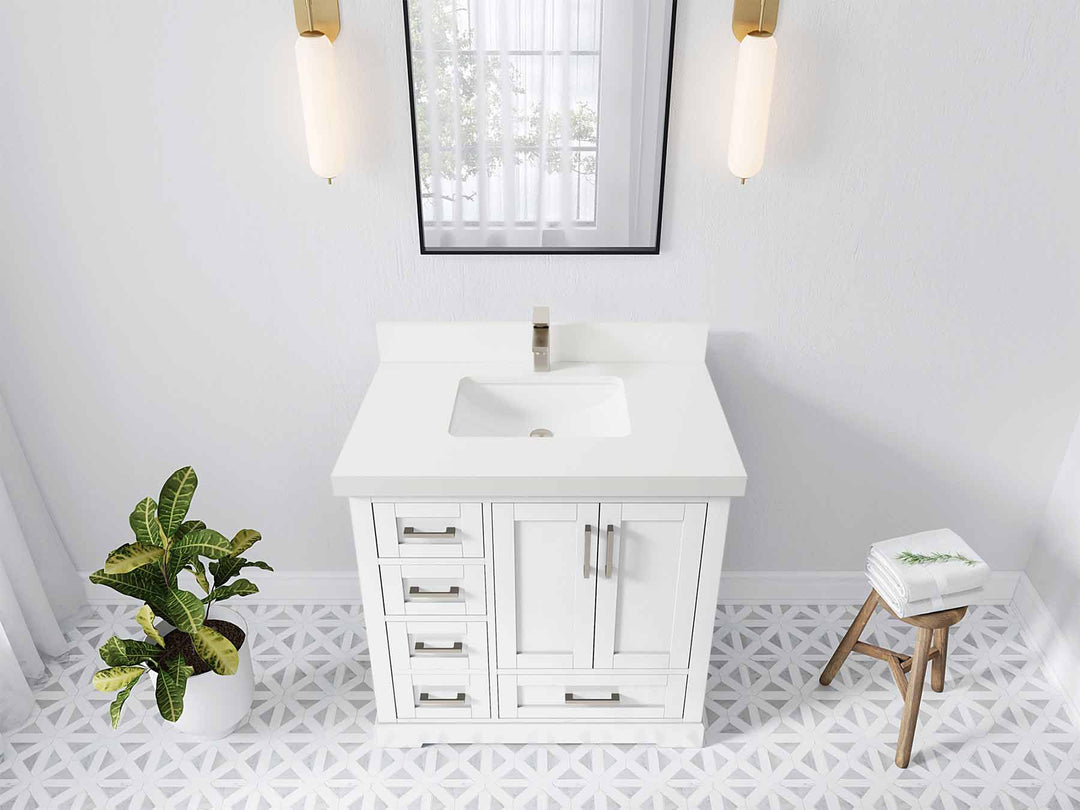 Boston 36 in. W x 22 in. D Single Sink Bathroom Vanity in White with 2 in White Quartz Countertop - Top View