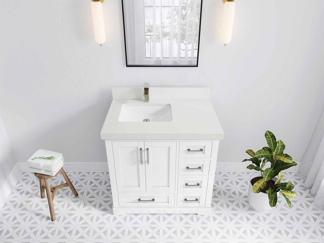 Boston 36 in. W x 22 in. D Single Sink Bathroom Vanity in White with 2 in White Quartz Countertop - Top View