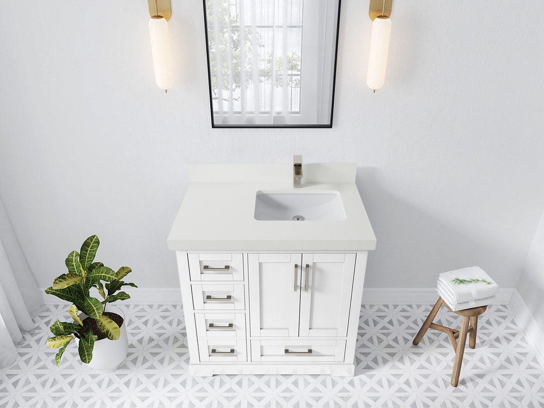 Boston 36 in. W x 22 in. D Single Sink Bathroom Vanity in White with 2 in White Quartz Countertop - Top View
