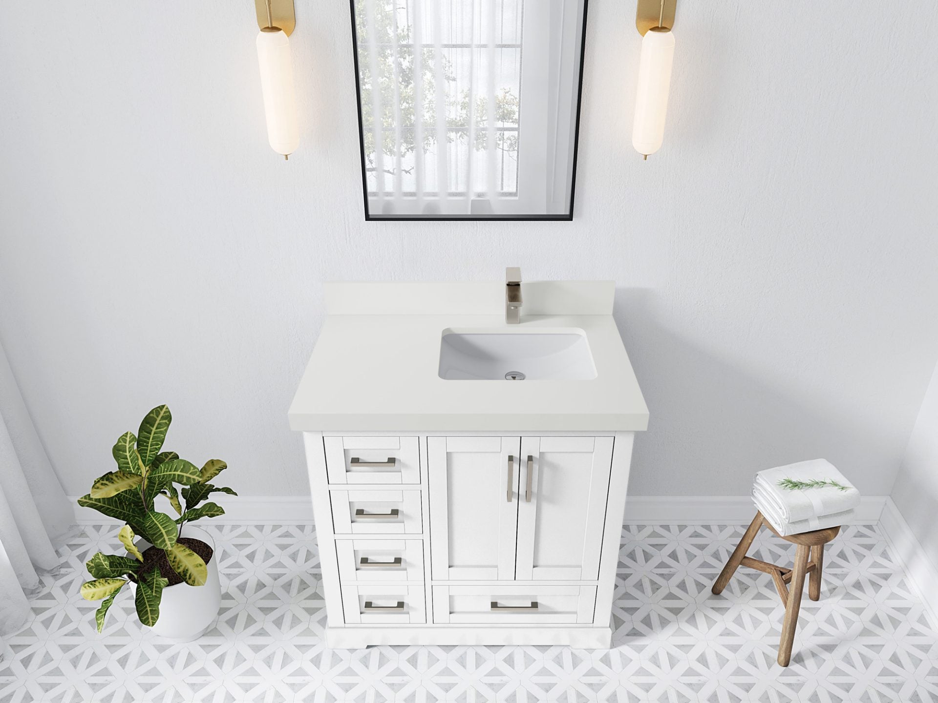 Boston 36 in. W x 22 in. D Single Sink Bathroom Vanity in White with 2 in White Quartz Countertop - Top View