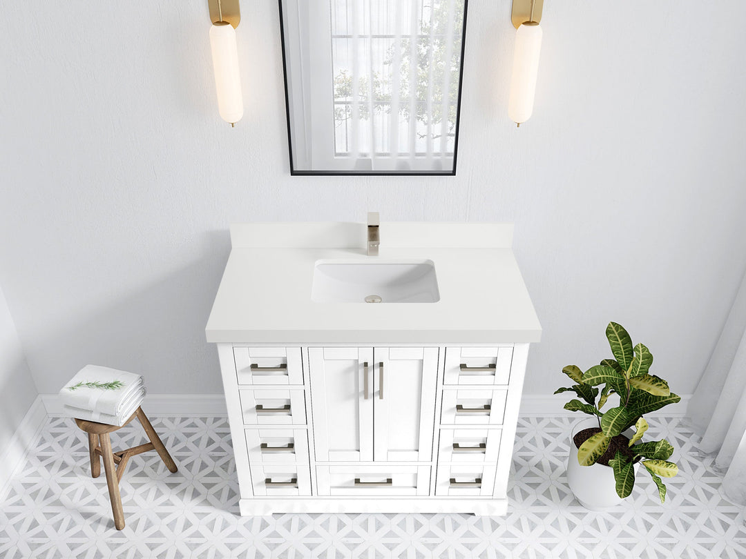 Boston 42 in. W x 22 in. D Single Sink Bathroom Vanity in White with 2 in White Quartz Countertop - Top View