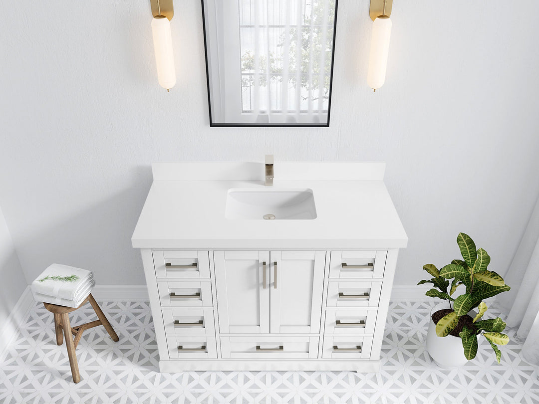 Boston 48 in. W x 22 in. D Single Sink Bathroom Vanity in White with 2 in White Quartz Countertop - Top View