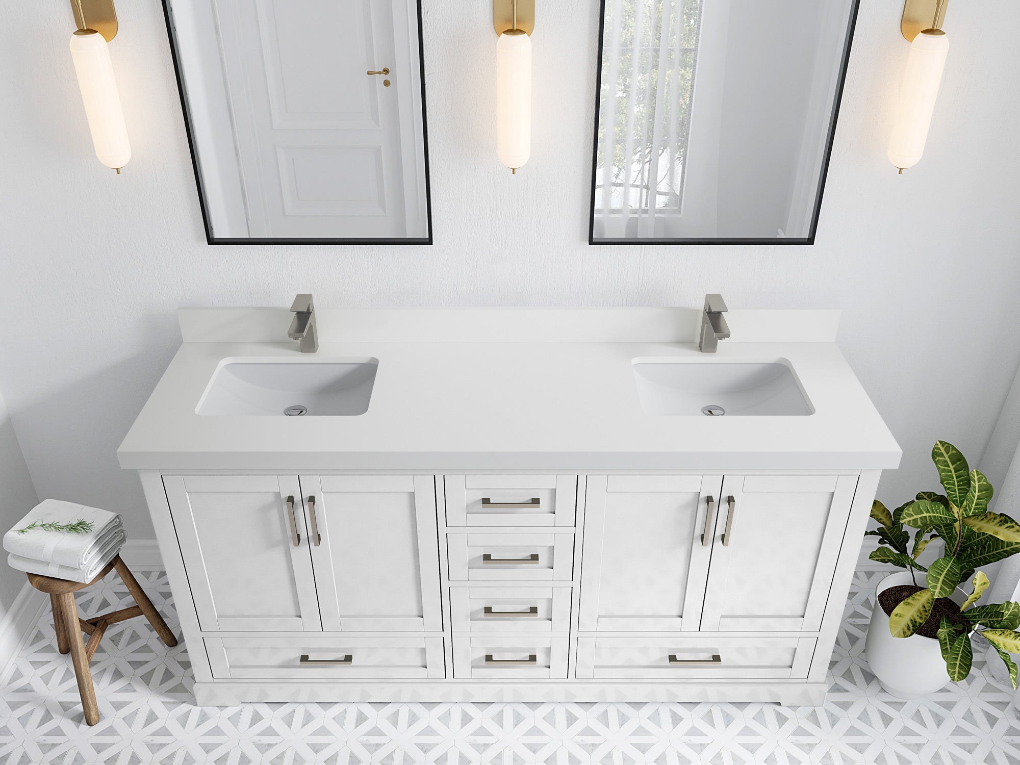 Boston 72 in. W x 22 in. D Double Sink Bathroom Vanity in White with 2 in White Quartz Countertop - Top View