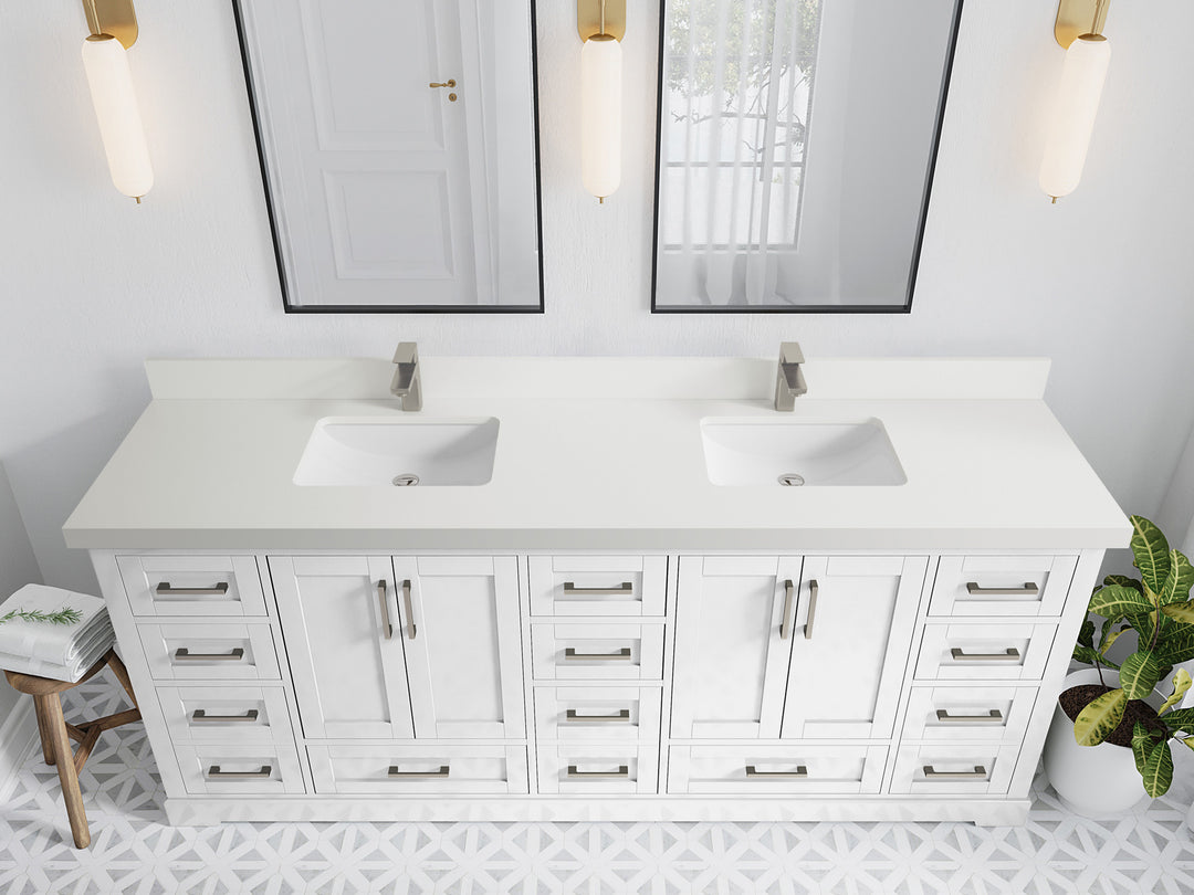 Boston 84 in. W x 22 in. D Double Sink Bathroom Vanity in White with 2 in White Quartz Countertop - Top View