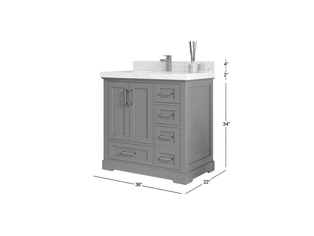Boston 36 in. W x 22 in. D Single Sink Bathroom Vanity in Elephant Skin Gray with Countertop - Dimensions