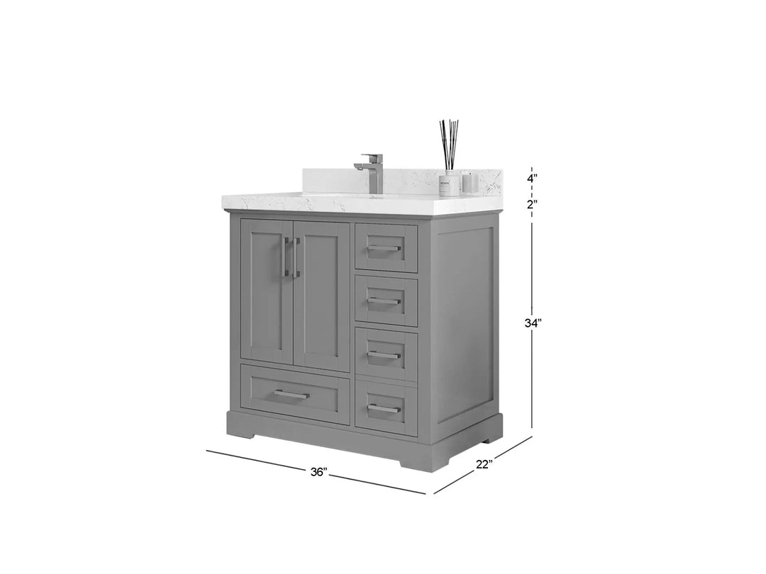 Boston 36 in. W x 22 in. D Single Sink Bathroom Vanity in Elephant Skin Gray with Countertop - Dimensions