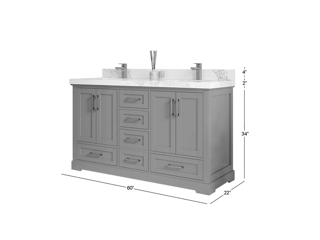Boston 60 in. W x 22 in. D Double Sink Bathroom Vanity in White with Countertop - Dimensions
