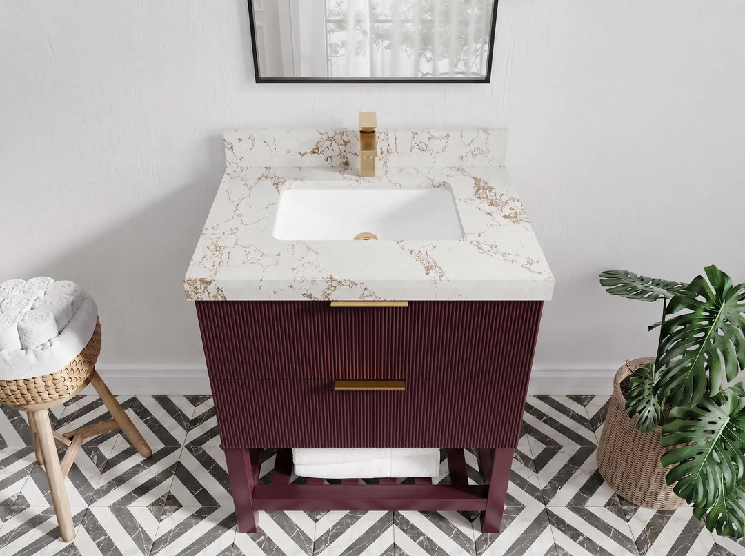 Catalina 30 in W x 22 in D Free Standing Reeded Single Sink Bathroom Vanity | 
              
                Burgundy
                
                  
             - CAT_BGD_WHQZ_30 - photo №16
