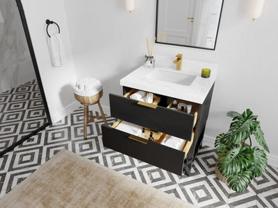 Catalina 30-inch black reeded single-sink bathroom vanity with storage drawers open, angled view