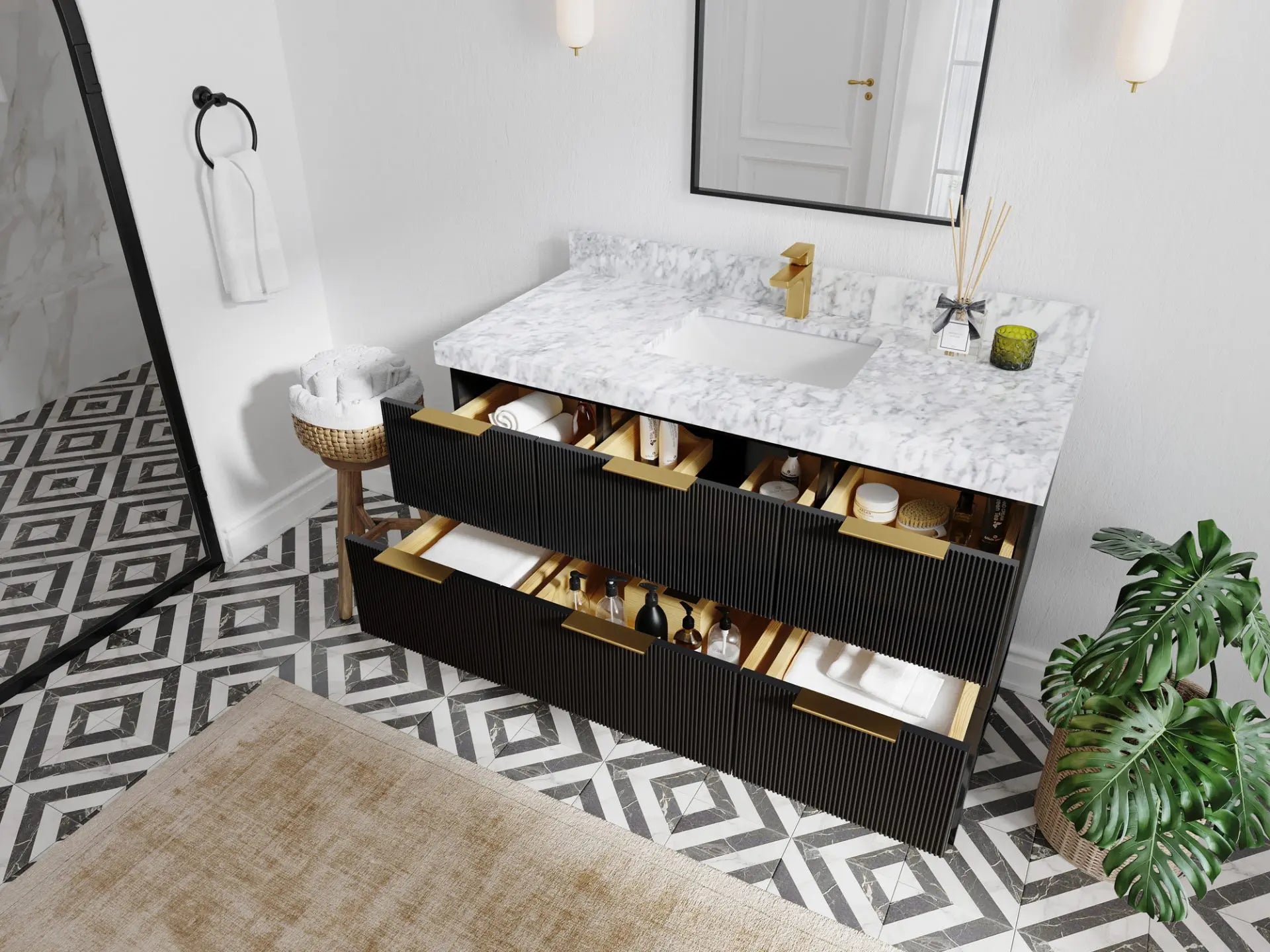 Catalina 48 in. W x 22 in. D Single Sink Bathroom Vanity in Black with Countertop - Side View Open Drawer