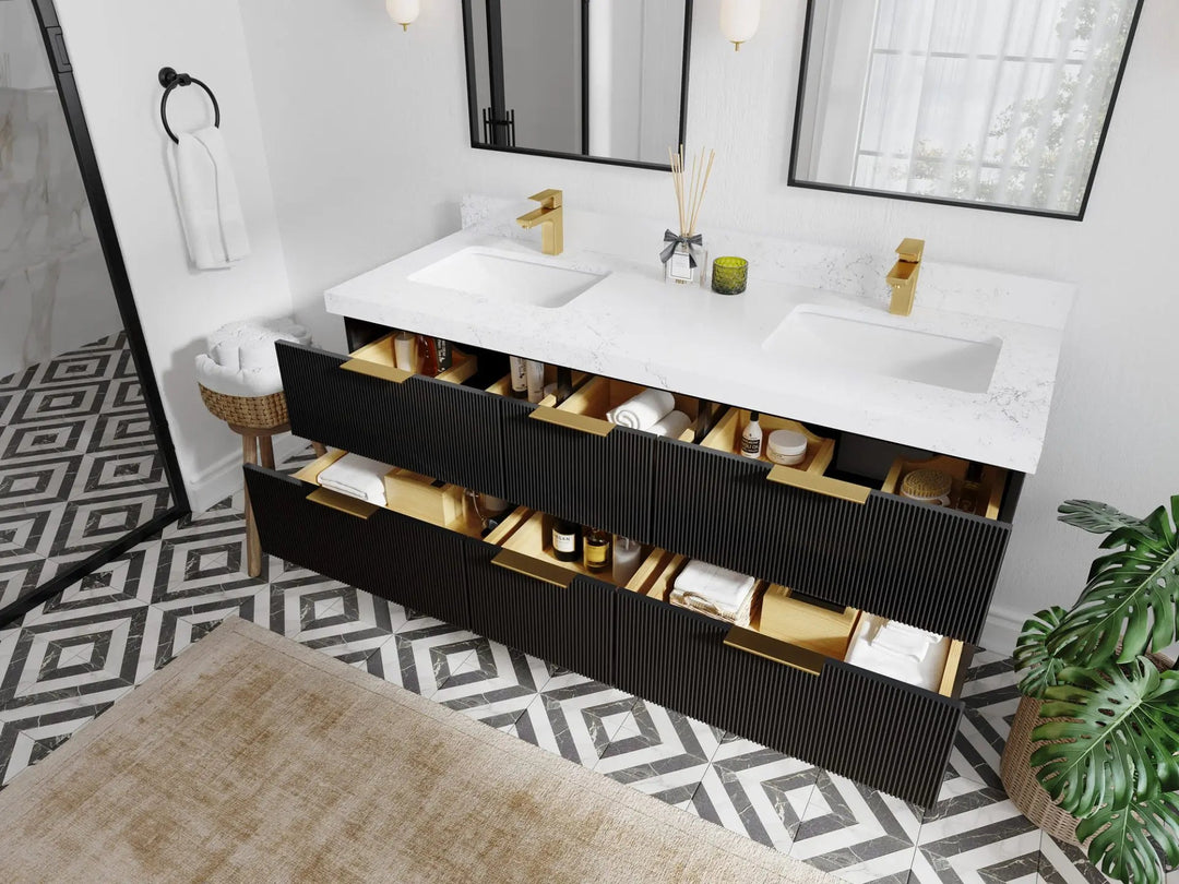 Catalina 60 in. W x 22 in. D Double Sink Bathroom Vanity in Black with Countertop - Side View Open Drawer