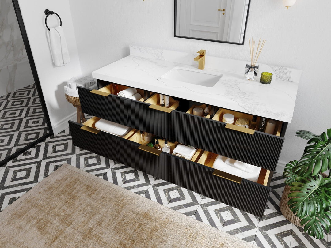 Catalina 60 in. W x 22 in. D Single Sink Bathroom Vanity in Black with Countertop - Side View Open Drawer