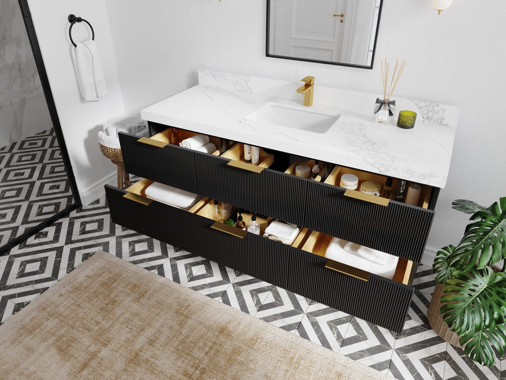 Catalina 60 in. W x 22 in. D Single Sink Bathroom Vanity in Black with Countertop - Side View Open Drawer