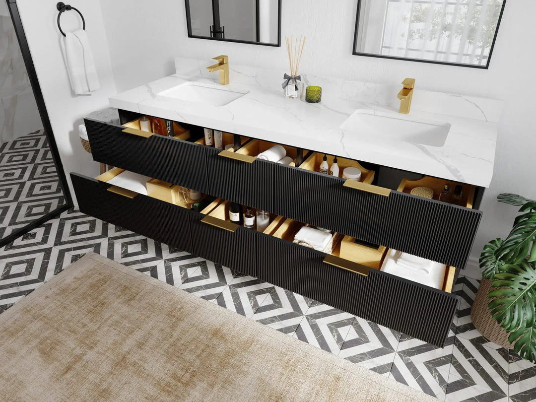 Catalina 72 in. W x 22 in. D Double Sink Bathroom Vanity in Black with Countertop - Side View Open Drawer