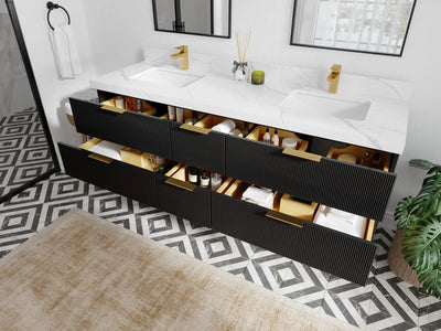 Catalina 72 in. W x 22 in. D Double Sink Bathroom Vanity in Black with Countertop - Side View Open Drawer