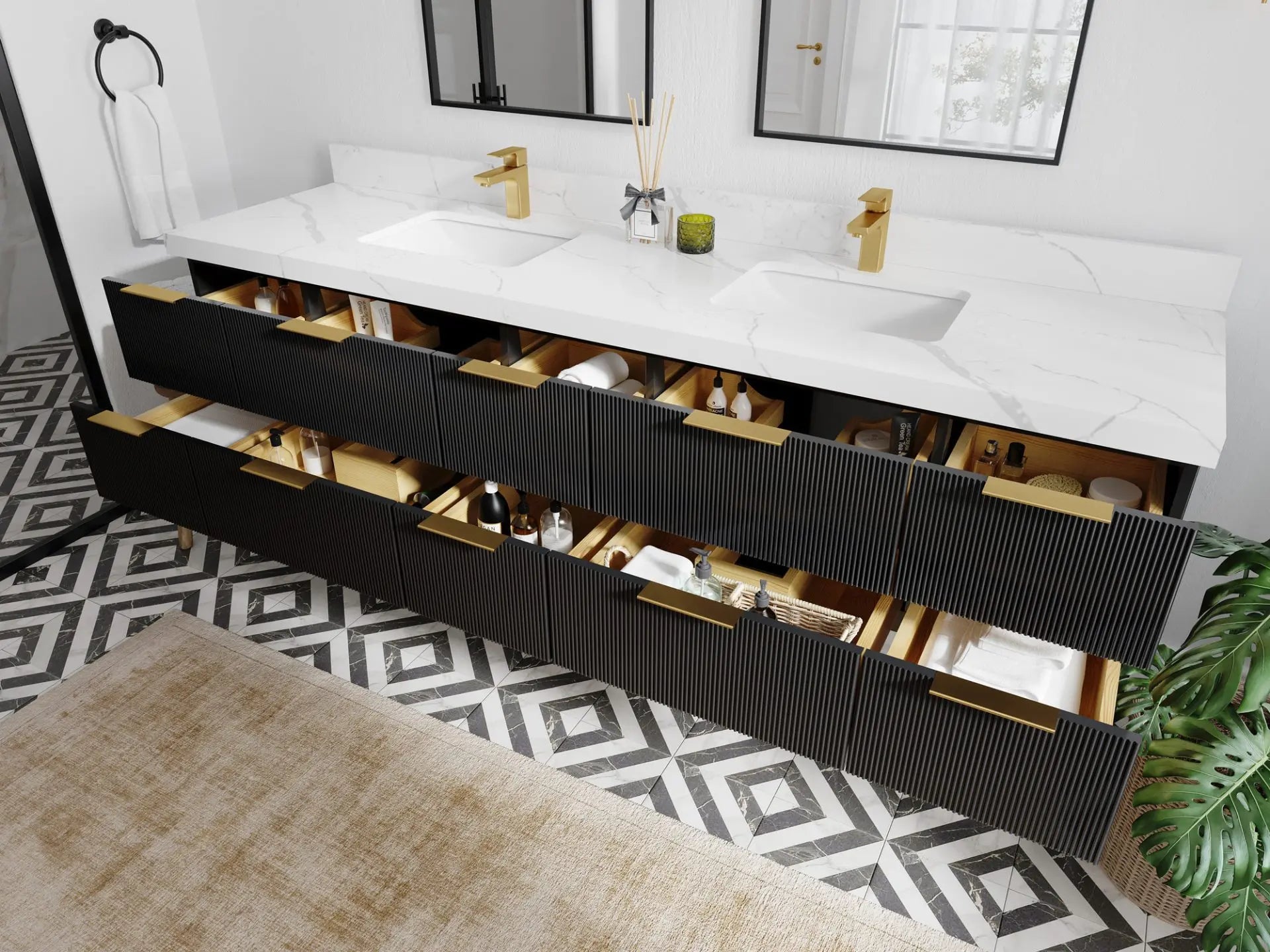Catalina 84 in. W x 22 in. D Double Sink Bathroom Vanity in Black with Countertop - Side View Open Drawer