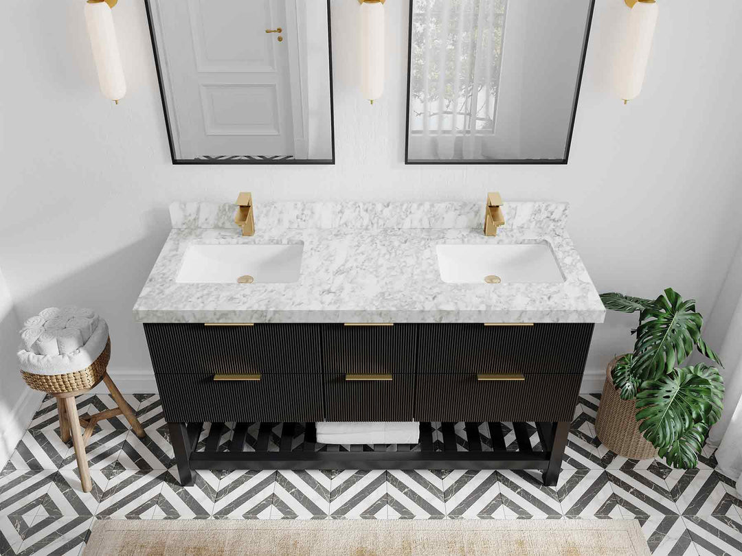 Catalina 60 in. W x 22 in. D Double Sink Bathroom Vanity in Black with 2 in Carrara Marble Countertop - Top View