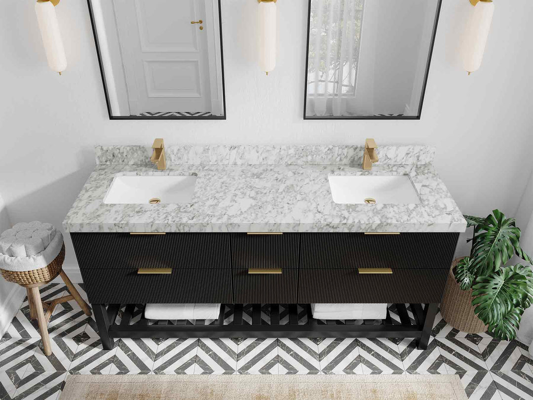 Catalina 72 in. W x 22 in. D Double Sink Bathroom Vanity in Black with 2 in Carrara Marble Countertop - Top View
