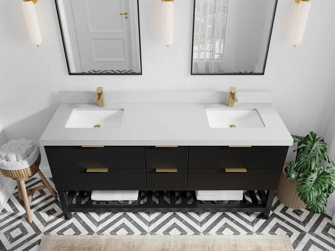 Catalina 72 in. W x 22 in. D Double Sink Bathroom Vanity in Black with 2 in Carrara Quartz Countertop - Top View
