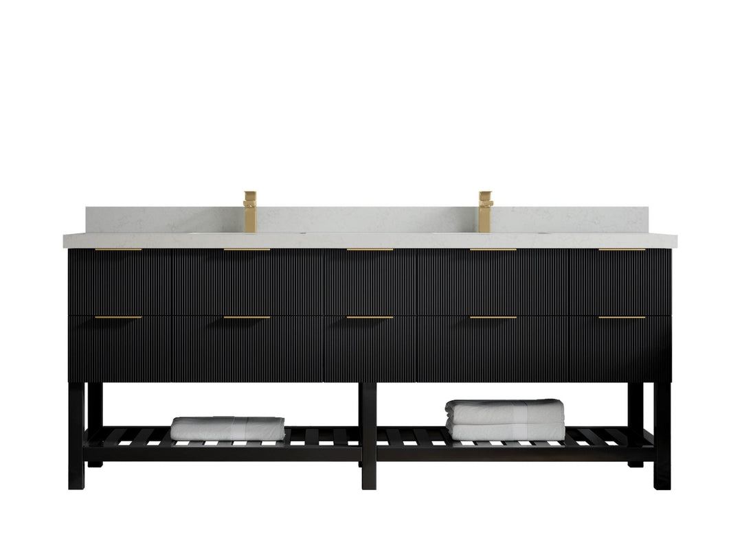 Catalina 84 in. W x 22 in. D Double Sink Bathroom Vanity in Black with 2 in Carrara Quartz Countertop