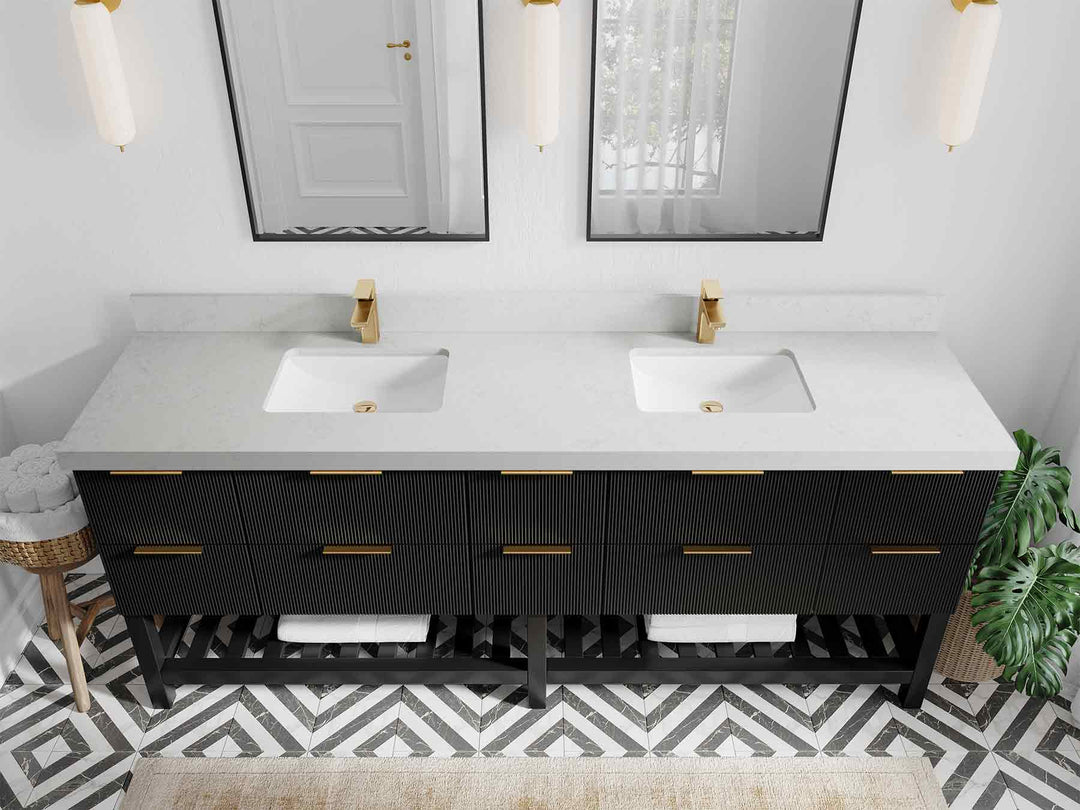 Catalina 84 in. W x 22 in. D Double Sink Bathroom Vanity in Black with 2 in Carrara Quartz Countertop - Top View