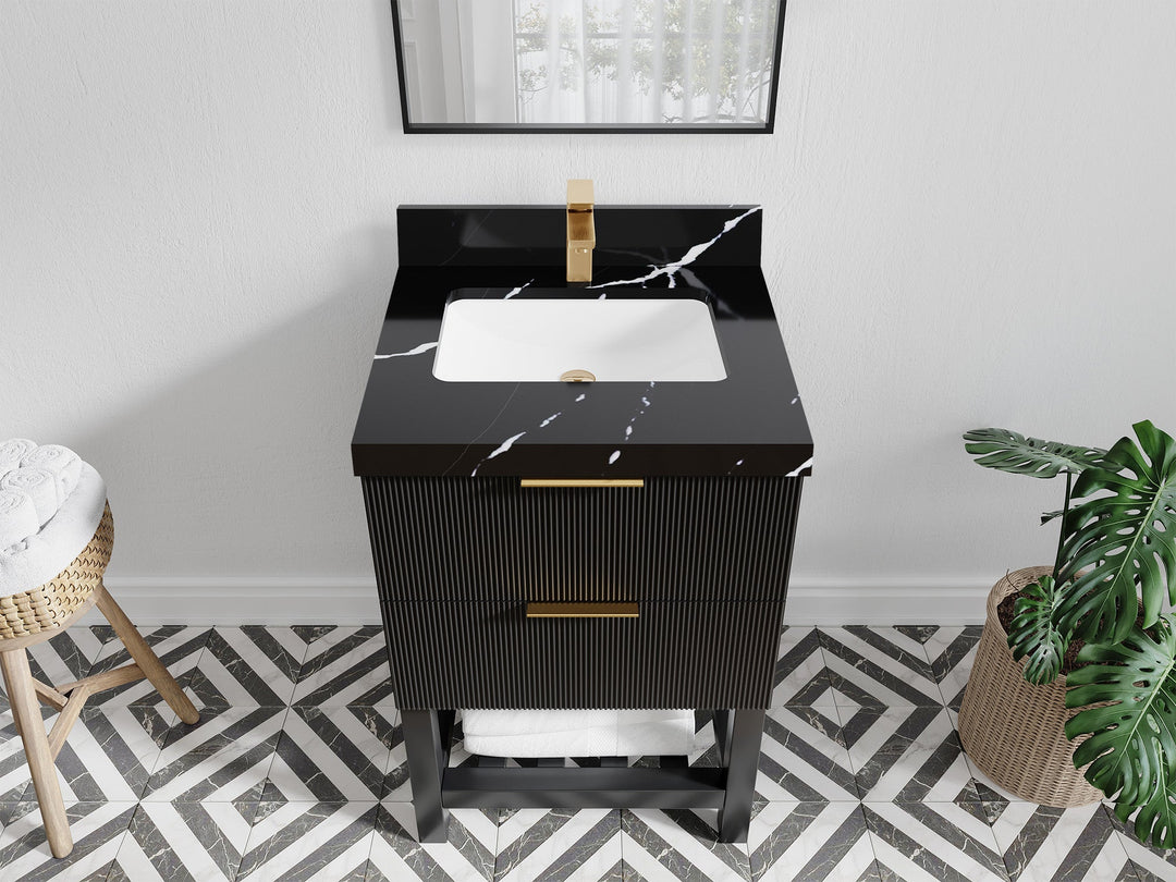 Catalina 24 in. W x 22 in. D Single Sink Bathroom Vanity in Black with 2 in Calacatta Black Quartz Countertop - Top View