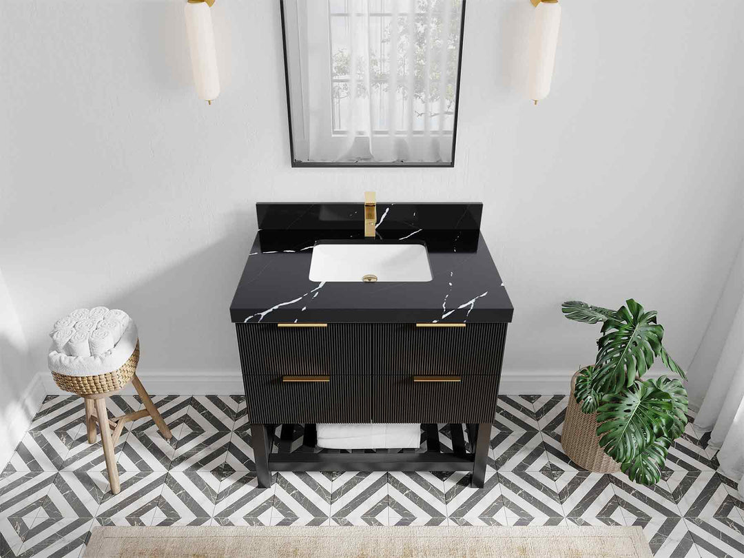Catalina 36 in. W x 22 in. D Single Sink Bathroom Vanity in Black with 2 in Calacatta Black Quartz Countertop - Top View