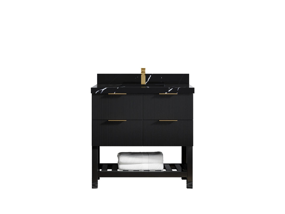 Catalina 36 in. W x 22 in. D Single Sink Bathroom Vanity in Black with 2 in Calacatta Black Quartz Countertop 