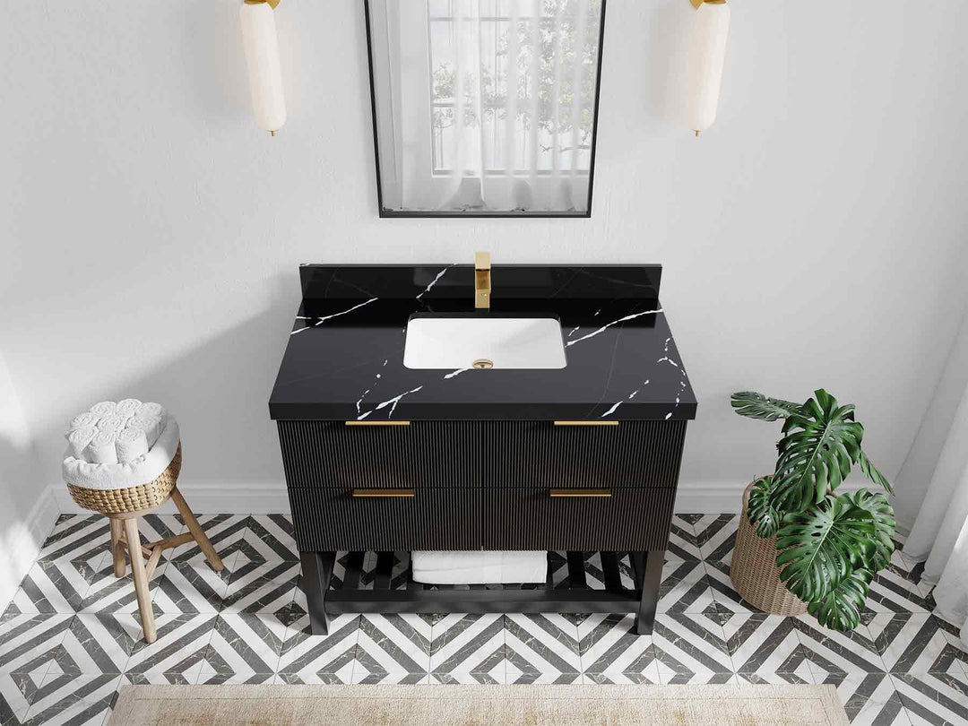 Catalina 42 in. W x 22 in. D Single Sink Bathroom Vanity in Black with 2 in Calacatta Black Quartz Countertop - Top View