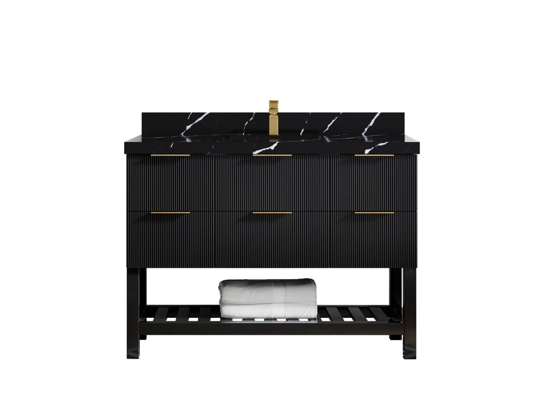 Catalina 48 in. W x 22 in. D Single Sink Bathroom Vanity in Black with 2 in Calacatta Black Quartz Countertop