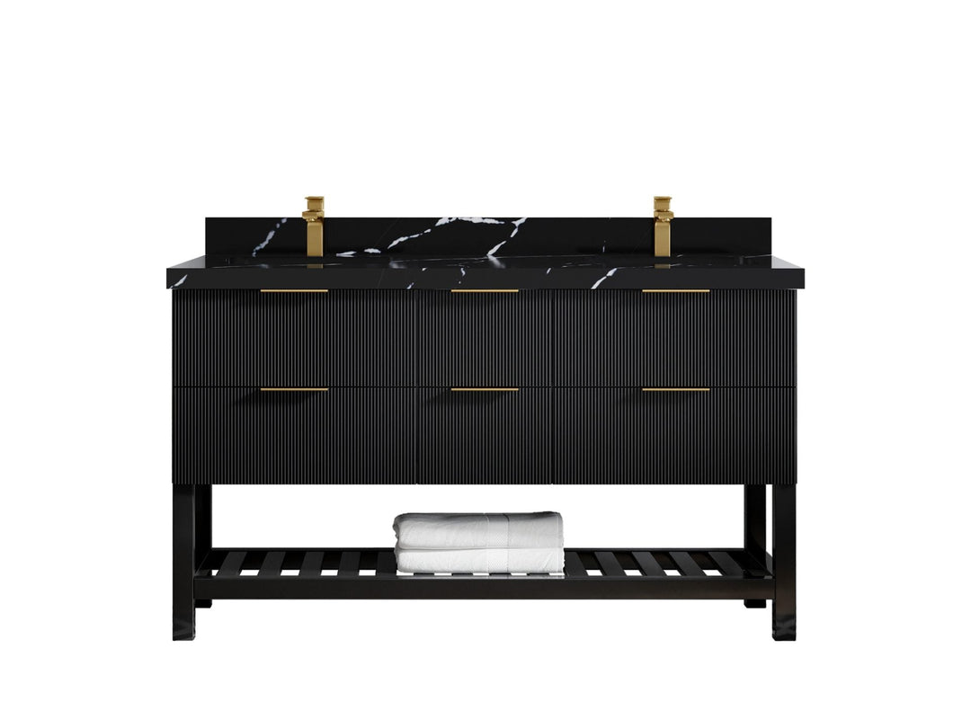 Catalina 60 in. W x 22 in. D Double Sink Bathroom Vanity in Black with 2 in Calacatta Black Quartz Countertop