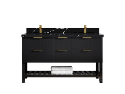 Catalina 60 in. W x 22 in. D Double Sink Bathroom Vanity in Black with 2 in Calacatta Black Quartz Countertop