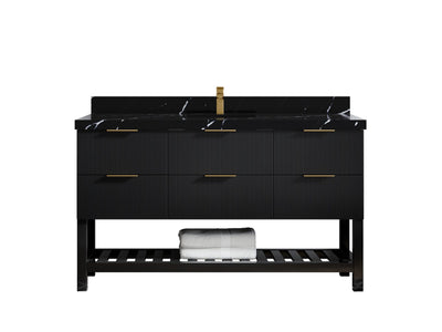 Catalina 60 in. W x 22 in. D Single Sink Bathroom Vanity in Black with 2 in Calacatta Black Quartz Countertop