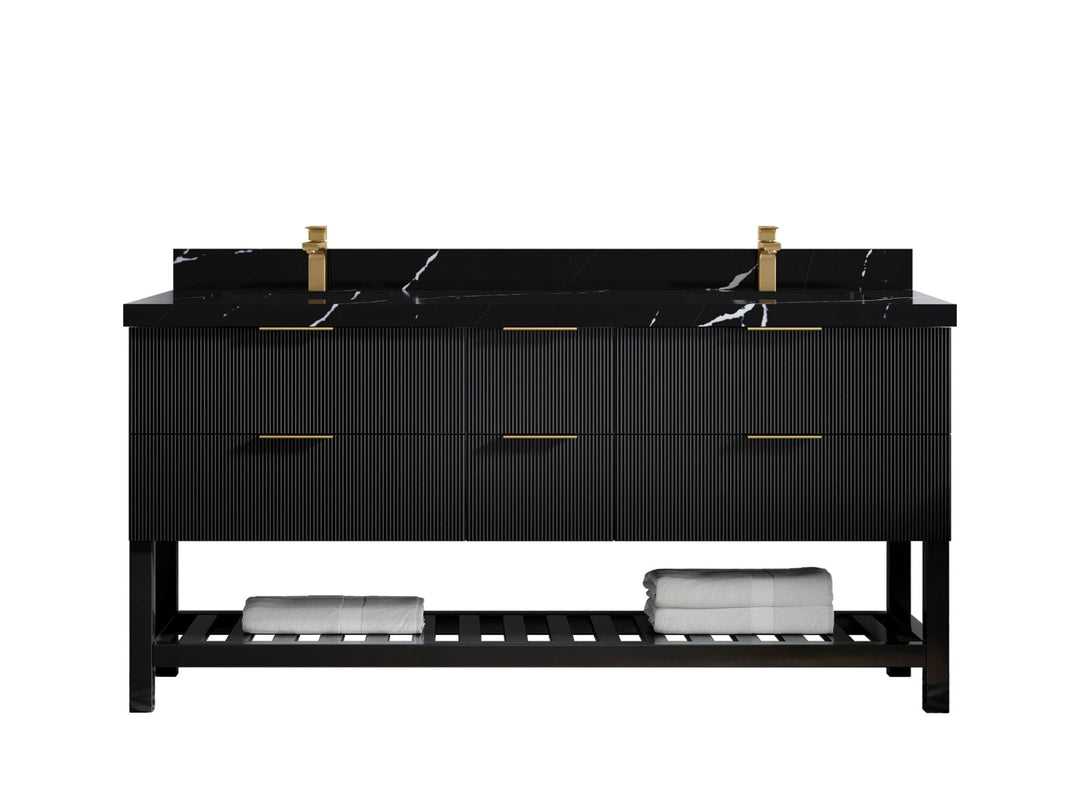 Catalina 72 in. W x 22 in. D Double Sink Bathroom Vanity in Black with 2 in Calacatta Black Quartz Countertop