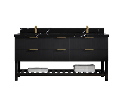 Catalina 72 in. W x 22 in. D Double Sink Bathroom Vanity in Black with 2 in Calacatta Black Quartz Countertop