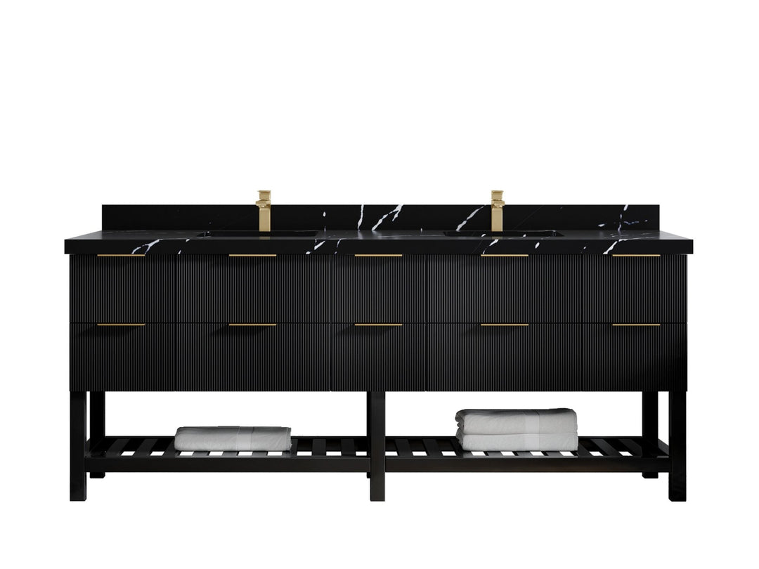 Catalina 84 in. W x 22 in. D Double Sink Bathroom Vanity in Black with 2 in Calacatta Black Quartz Countertop