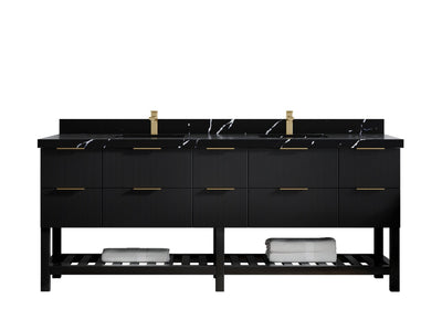Catalina 84 in. W x 22 in. D Double Sink Bathroom Vanity in Black with 2 in Calacatta Black Quartz Countertop