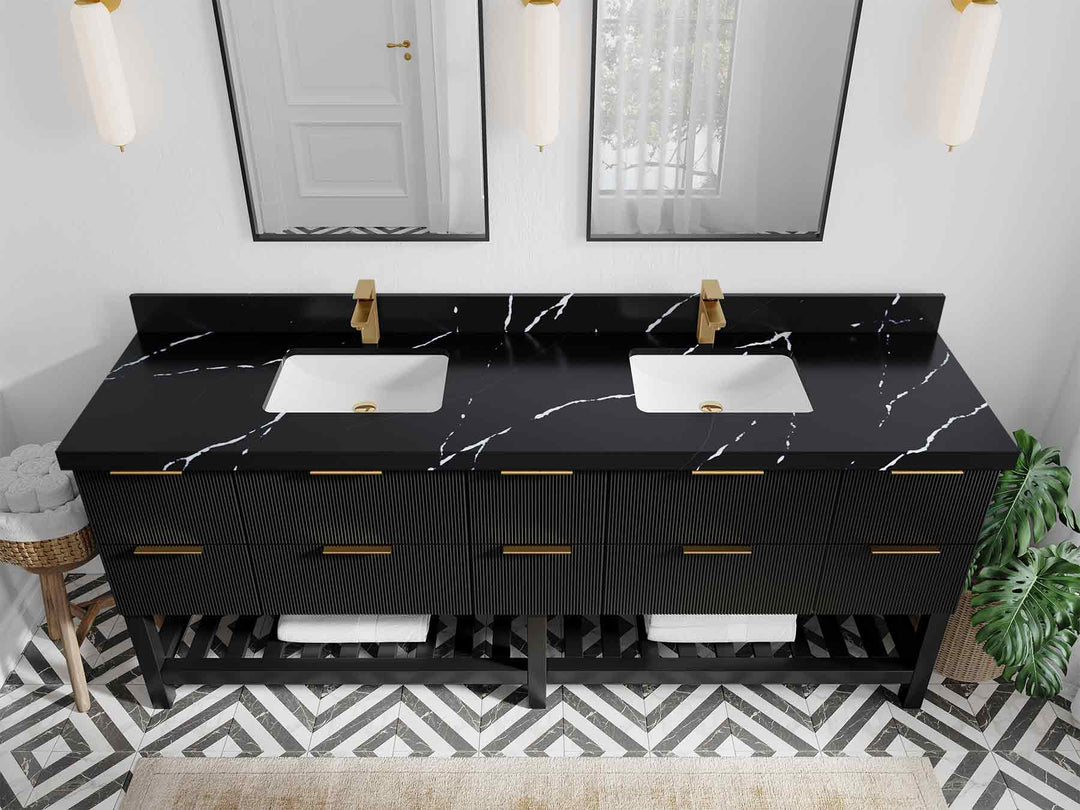 Catalina 84 in. W x 22 in. D Double Sink Bathroom Vanity in Black with 2 in Calacatta Black Quartz Countertop - Top View