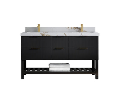 Catalina 60 in. W x 22 in. D Double Sink Bathroom Vanity in Black with 2 in Calacatta Gold Quartz Countertop