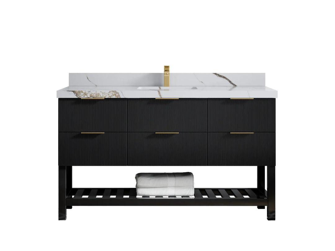 Catalina 60 in. W x 22 in. D Single Sink Bathroom Vanity in Black with 2 in Calacatta Gold Quartz Countertop 