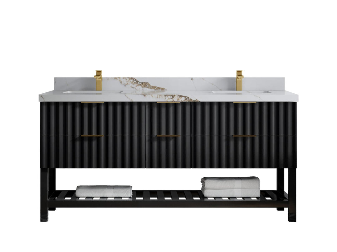 Catalina 72 in. W x 22 in. D Double Sink Bathroom Vanity in Black with 2 in Calacatta Gold Quartz Countertop