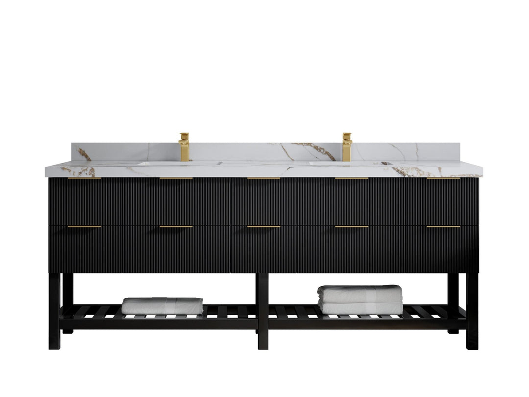 Catalina 84 in. W x 22 in. D Double Sink Bathroom Vanity in Black with 2 in Calacatta Gold Quartz Countertop