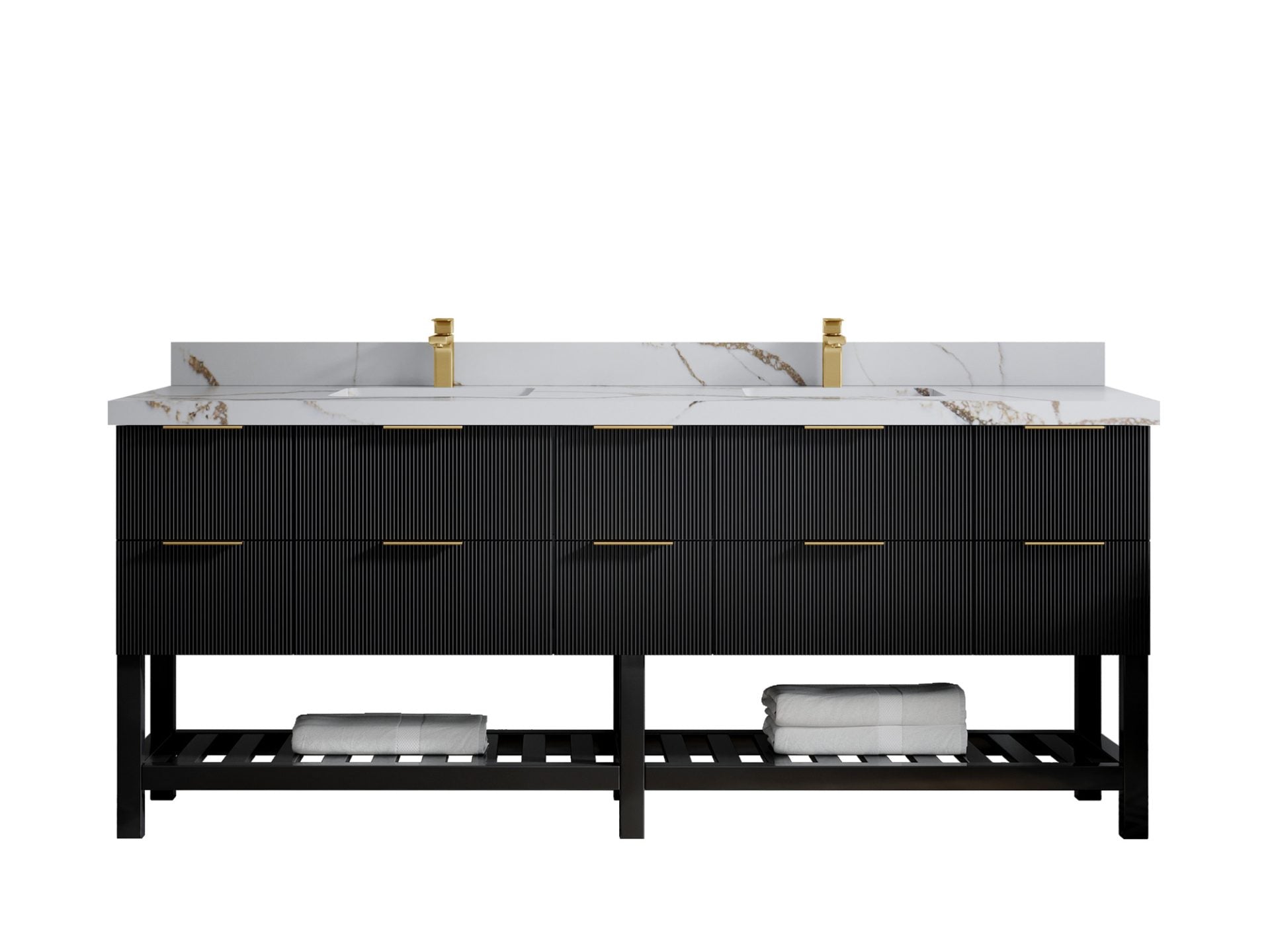 Catalina 84 in. W x 22 in. D Double Sink Bathroom Vanity in Black with 2 in Calacatta Gold Quartz Countertop