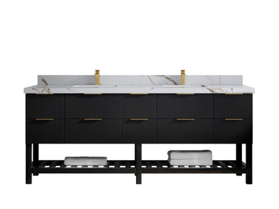 Catalina 84 in. W x 22 in. D Double Sink Bathroom Vanity in Black with 2 in Calacatta Gold Quartz Countertop