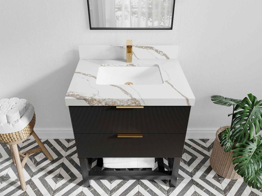 Catalina 30 in. W x 22 in. D Single Sink Bathroom Vanity in Black with 2 in Calacatta Gold Quartz Countertop - Top View