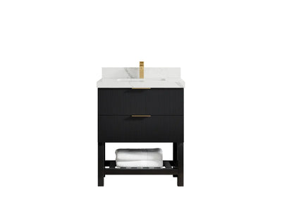 Catalina 30-inch black reeded single-sink bathroom vanity with Calacatta Laza quartz countertop and gold faucet, front view