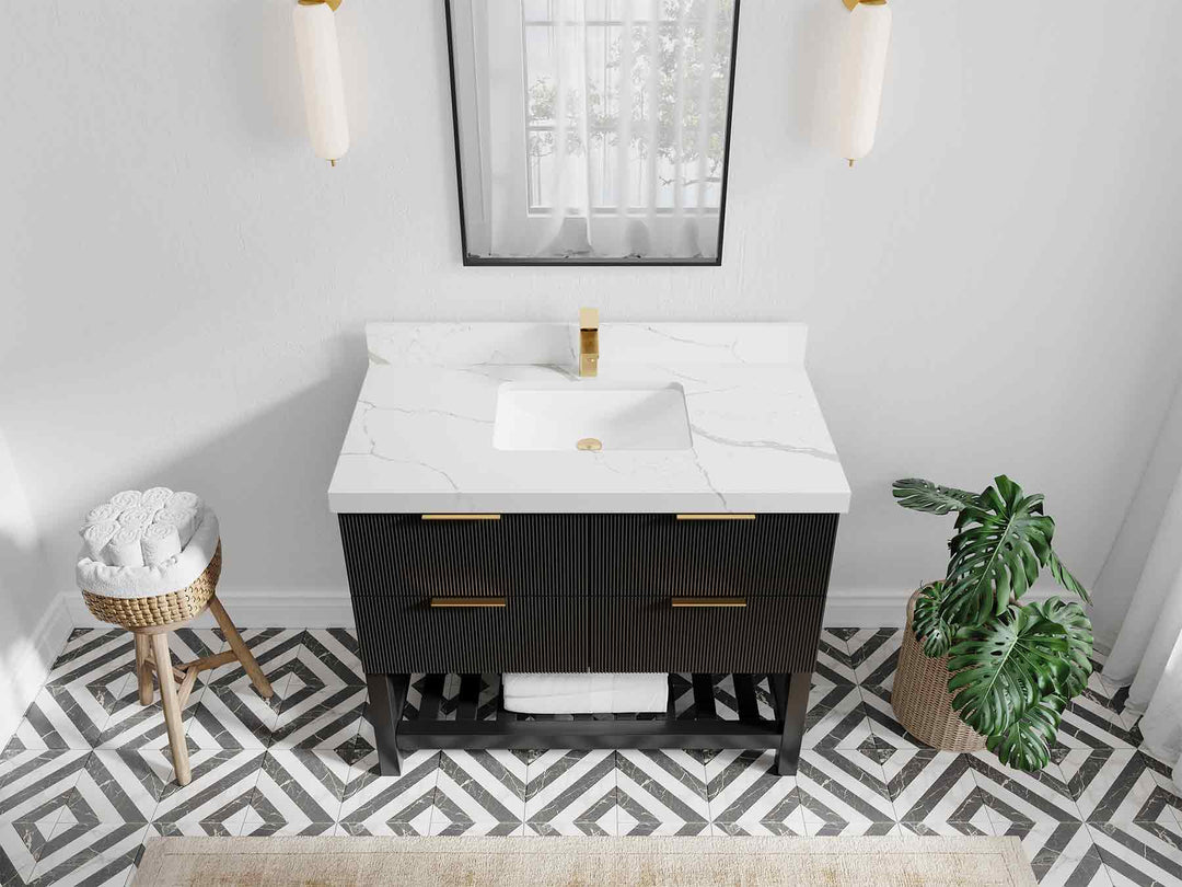 Catalina 42 in. W x 22 in. D Single Sink Bathroom Vanity in Black with 2 in Calacatta Laza Quartz Countertop - Top View
